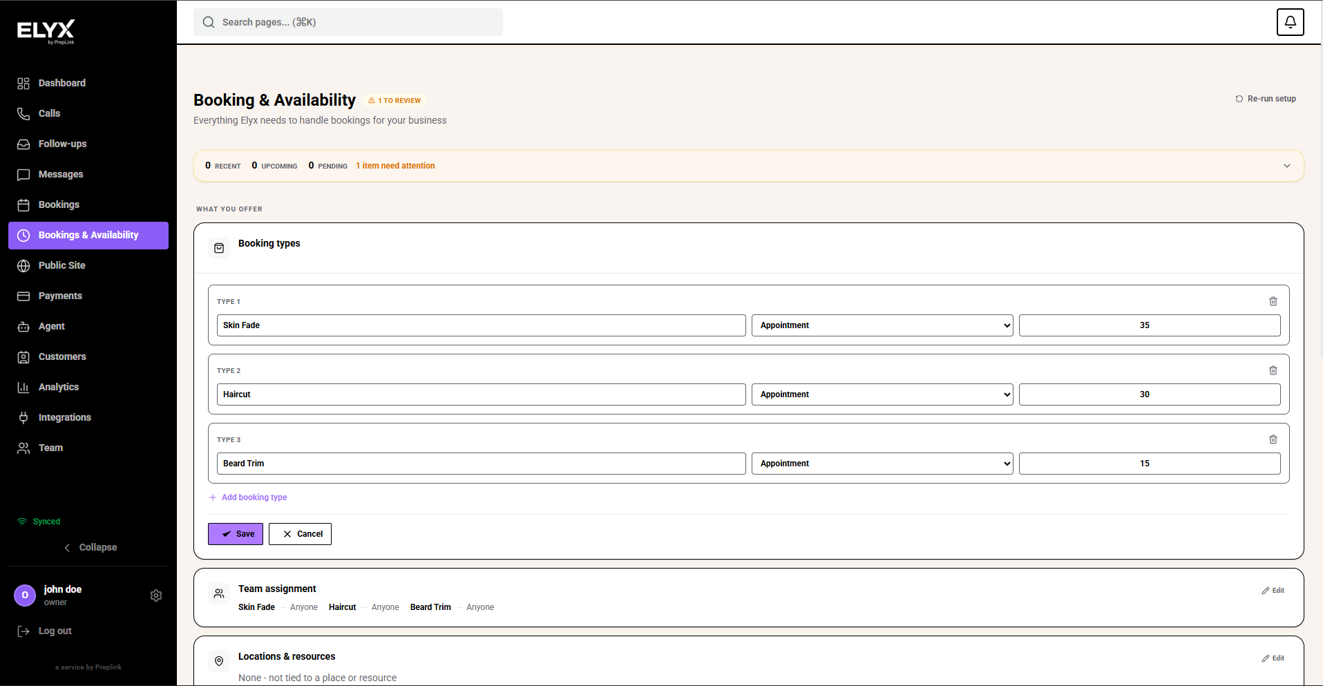 Edit barber booking types