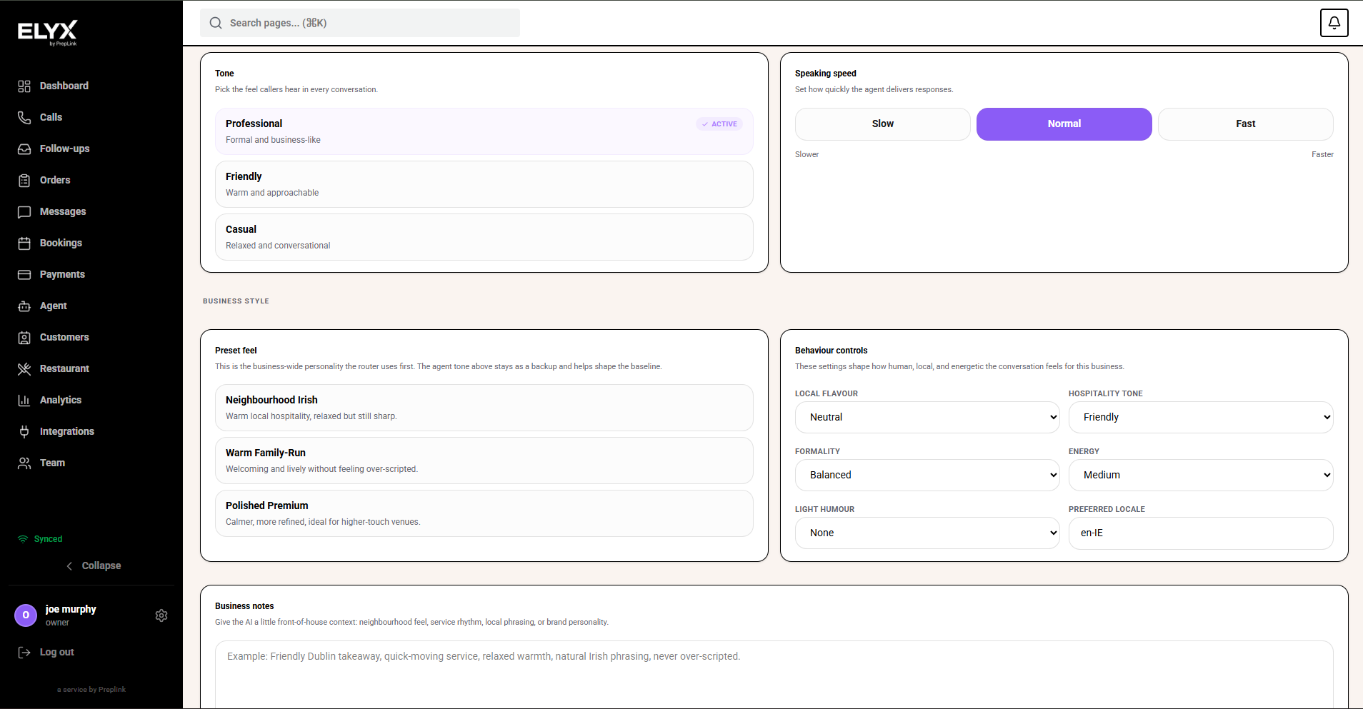 Agent tone and pace settings