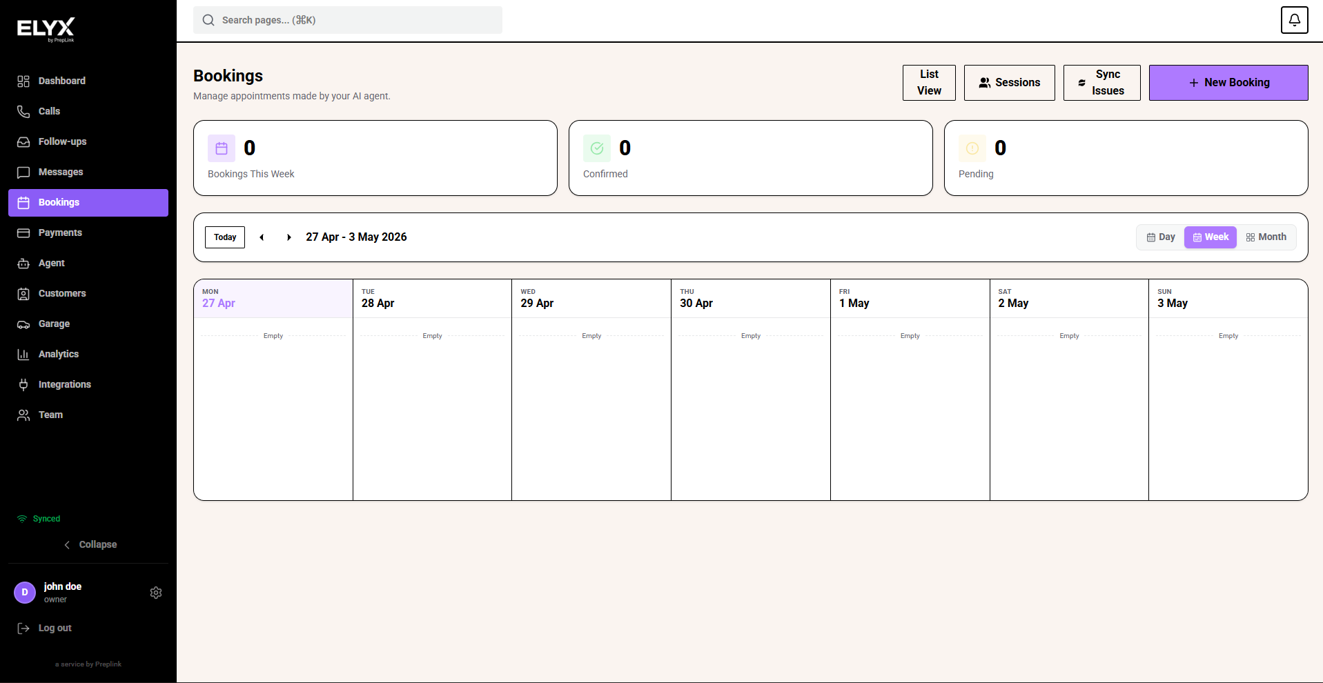 Bookings calendar