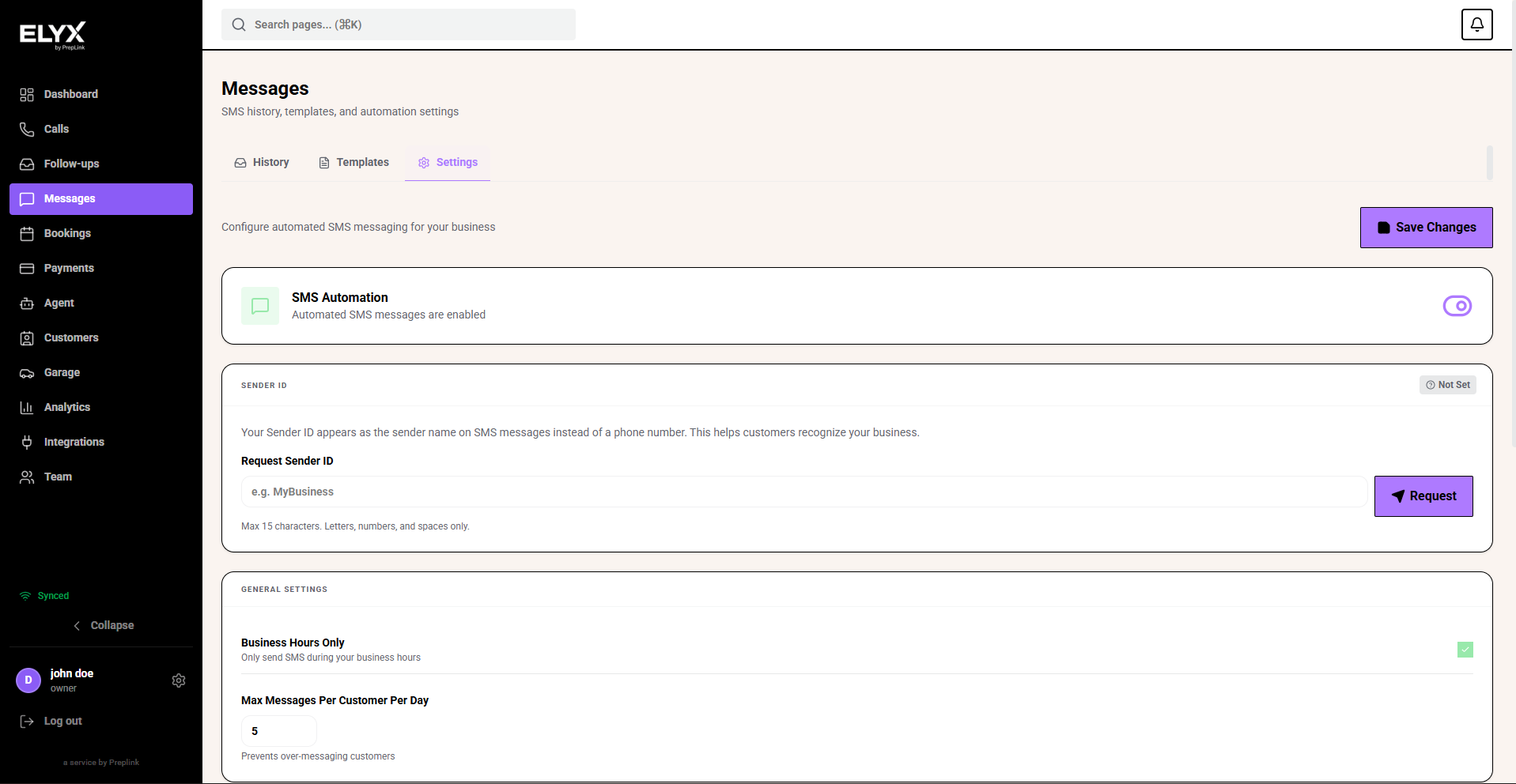 Message settings and sender ID