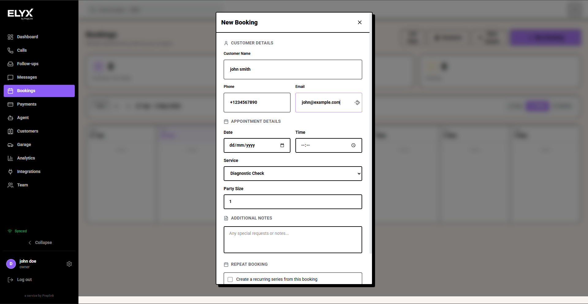 New booking modal