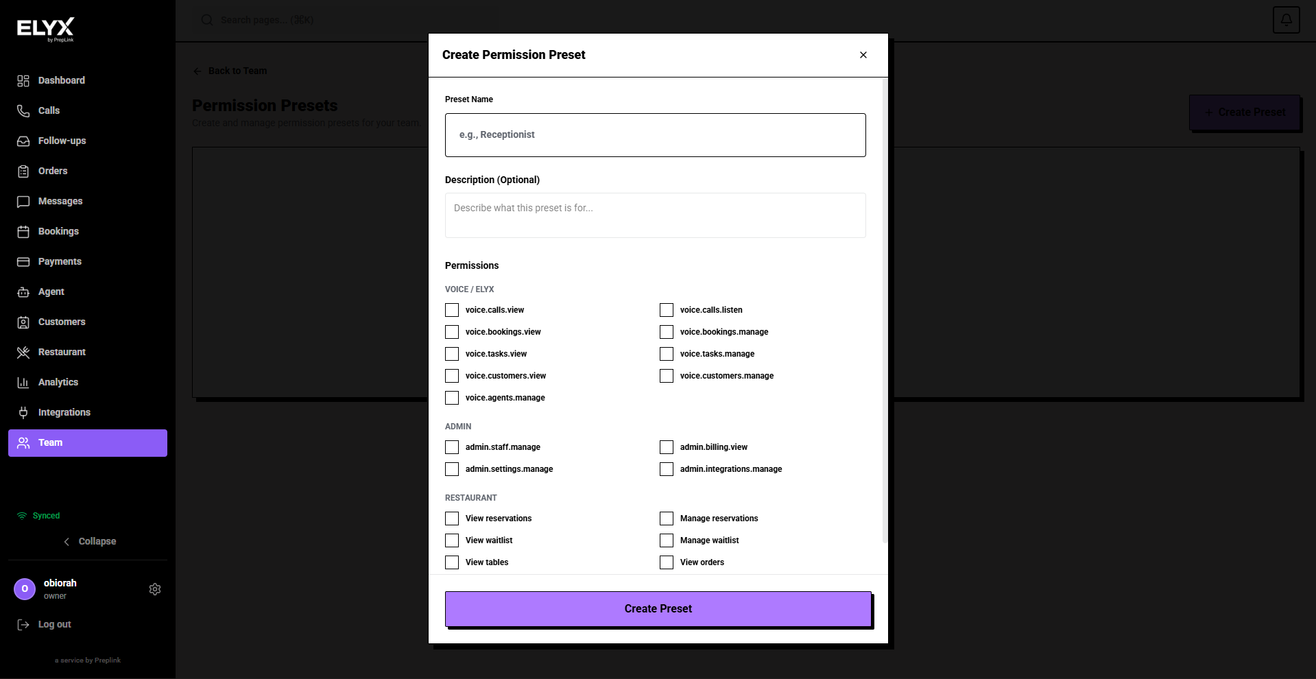 Create permission preset