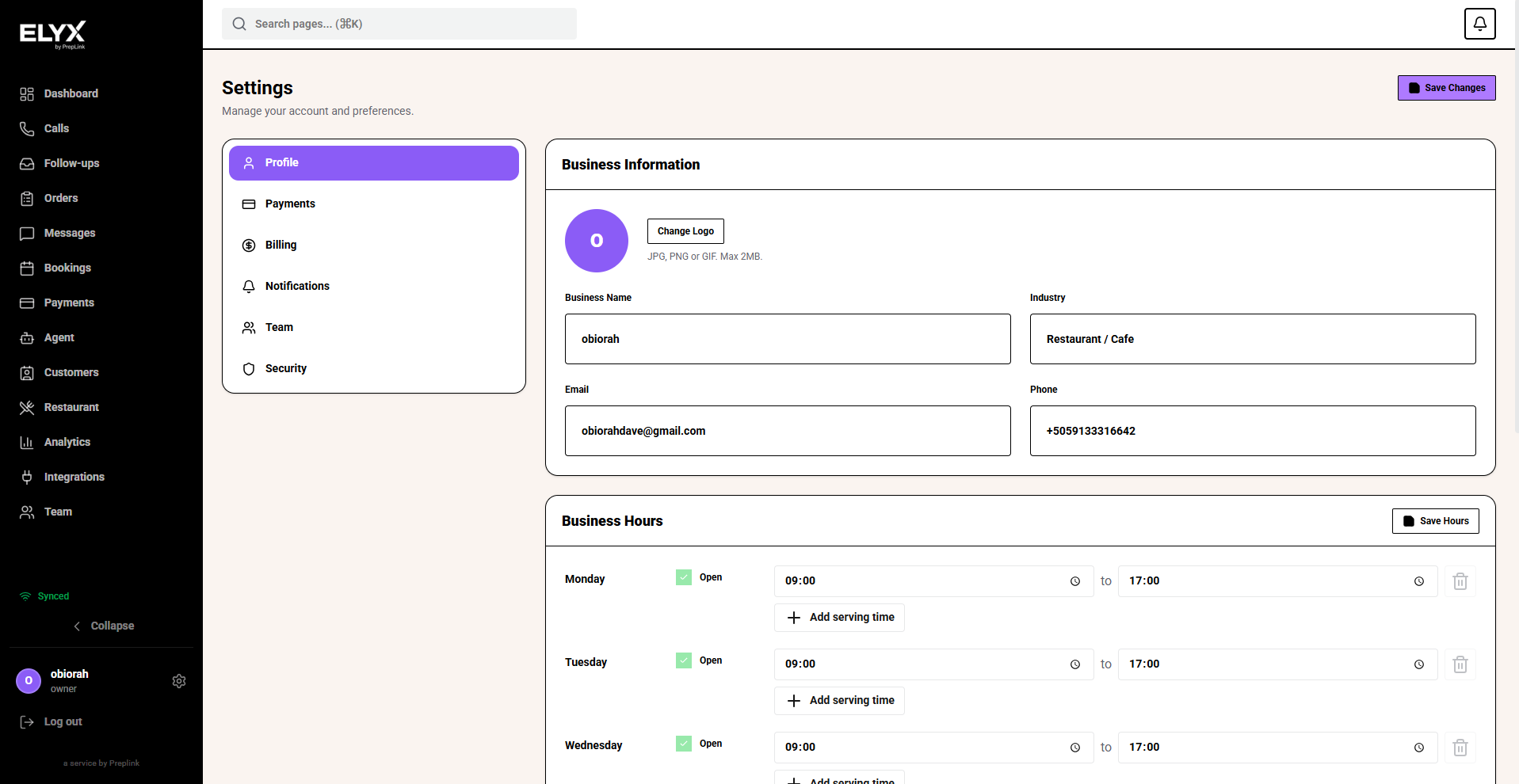 Settings profile