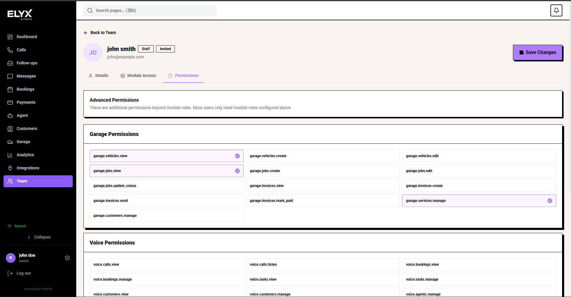Team member advanced permissions