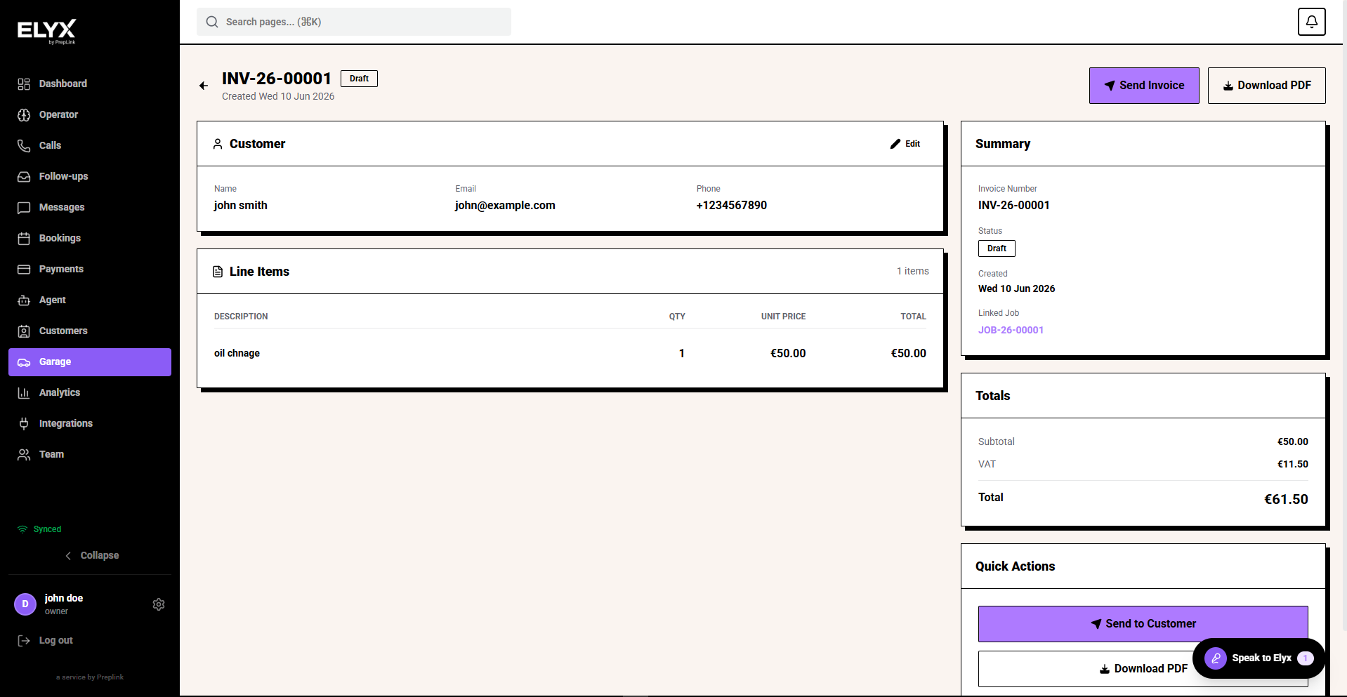 Garage invoice detail