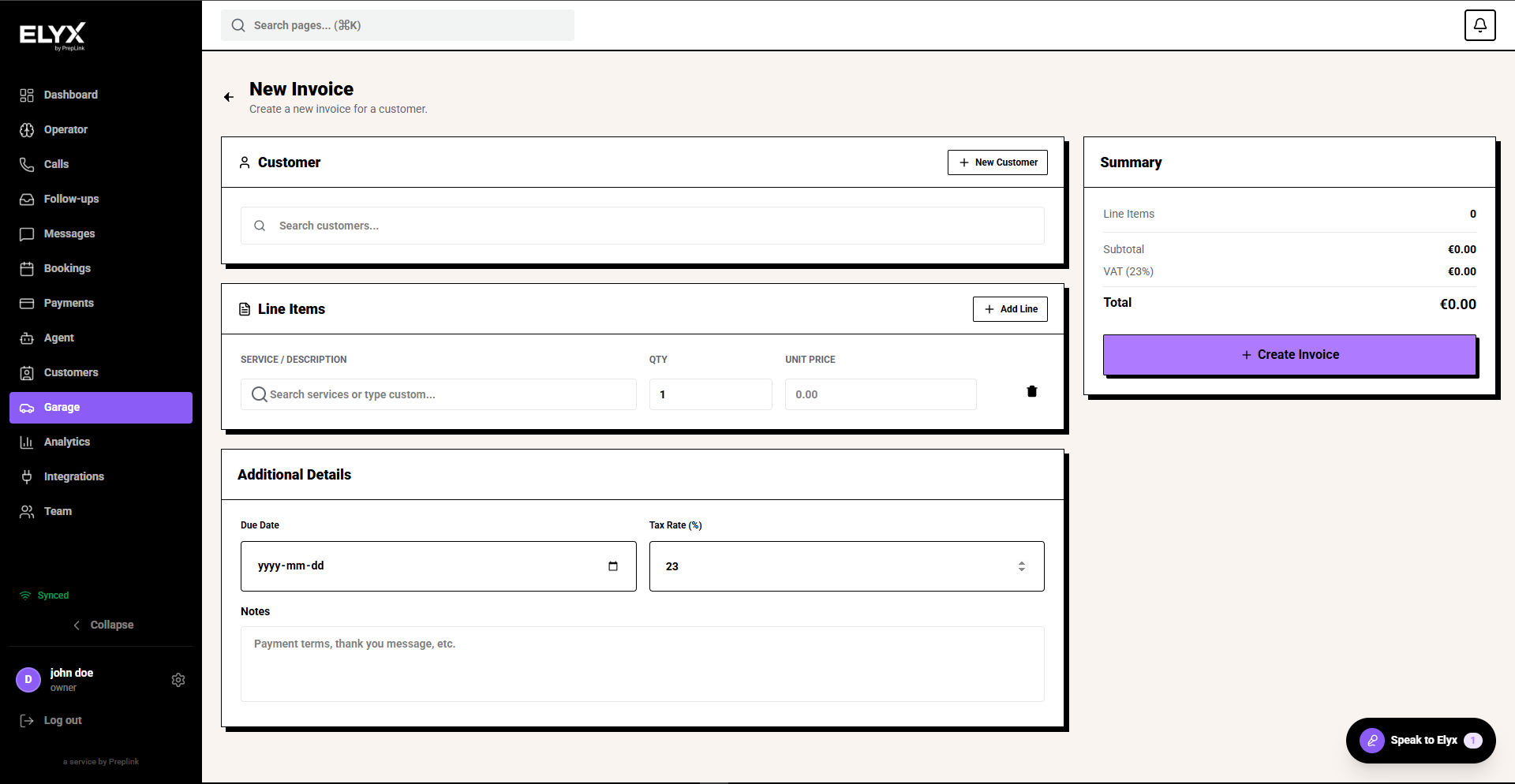 Create garage invoice