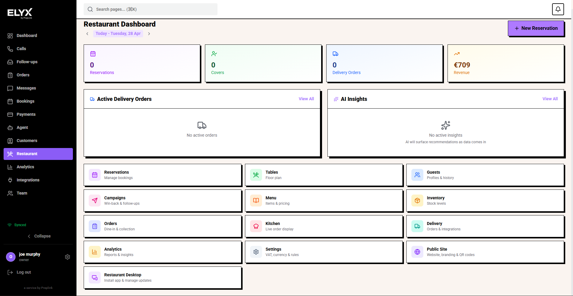 Restaurant dashboard overview
