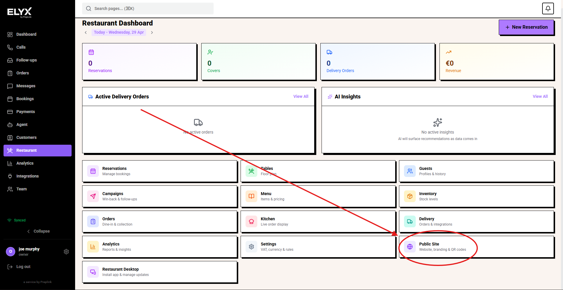 Public site shortcut on restaurant dashboard