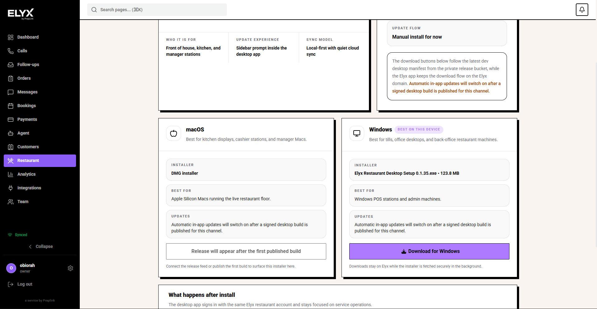 Restaurant desktop app