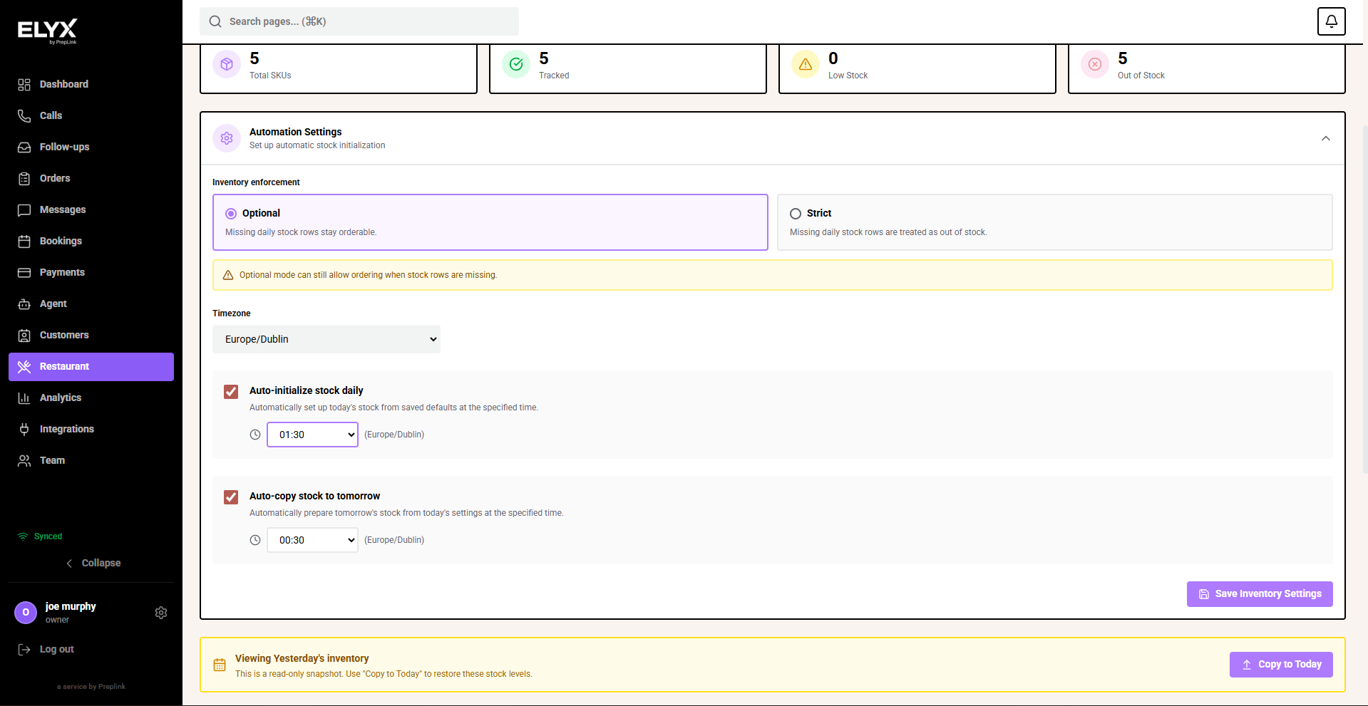 Inventory automation settings