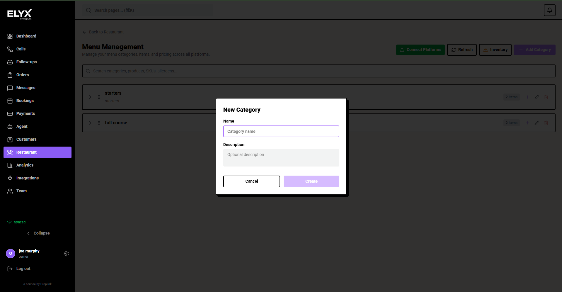 Create menu category