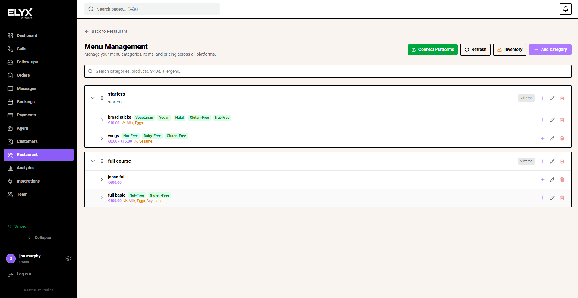 Menu management list