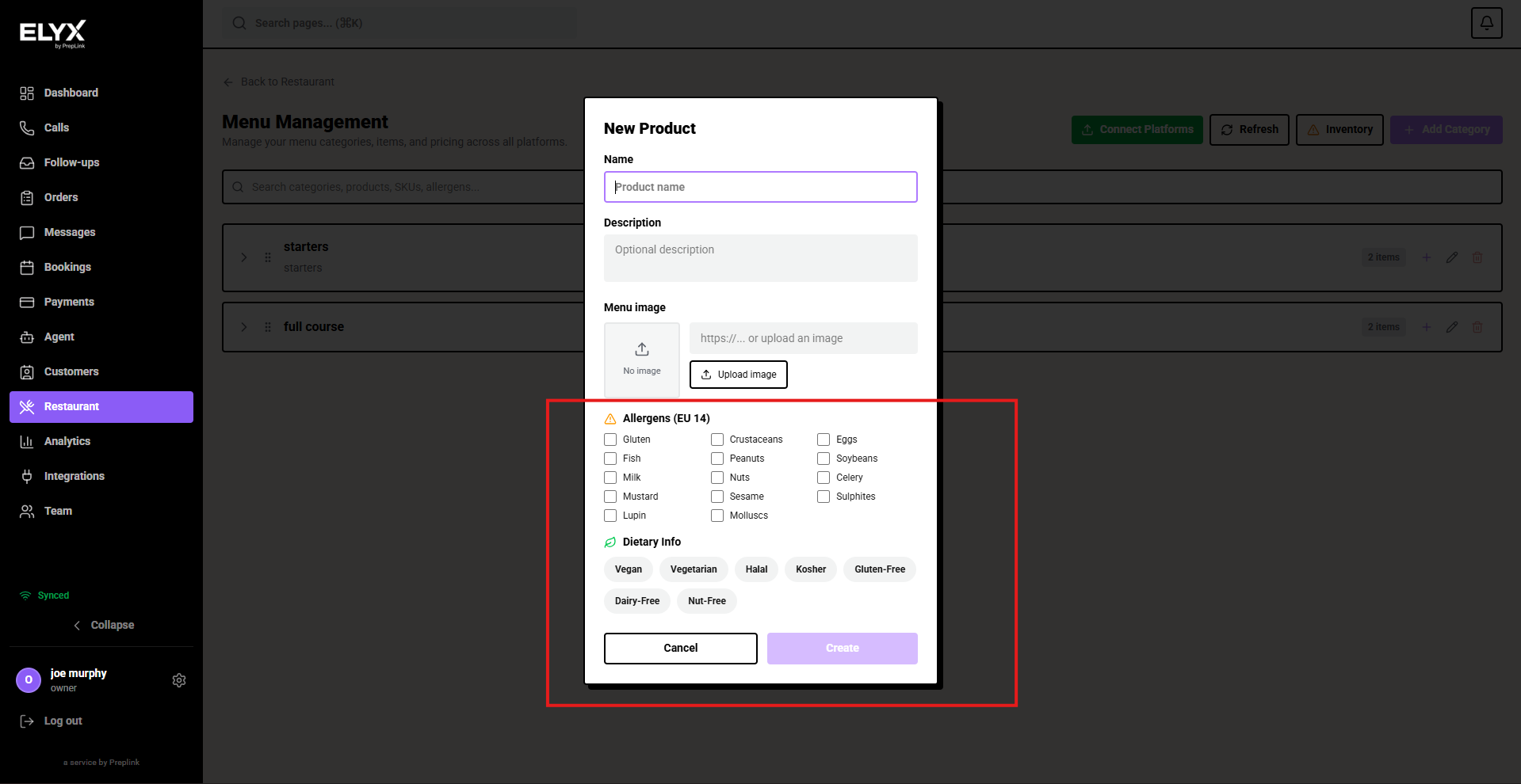 Add allergens and dietary tags