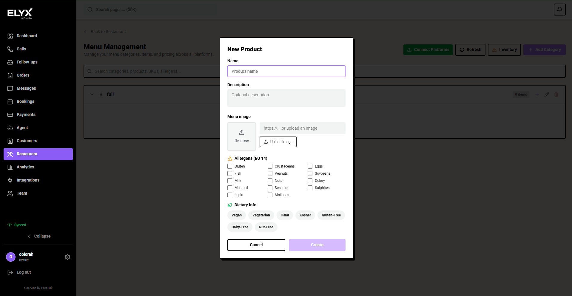 Create menu product