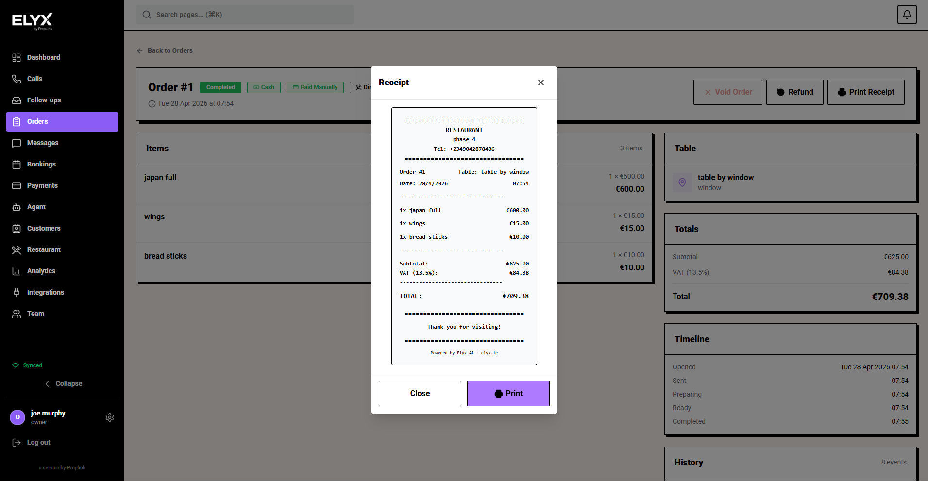 Order receipt print