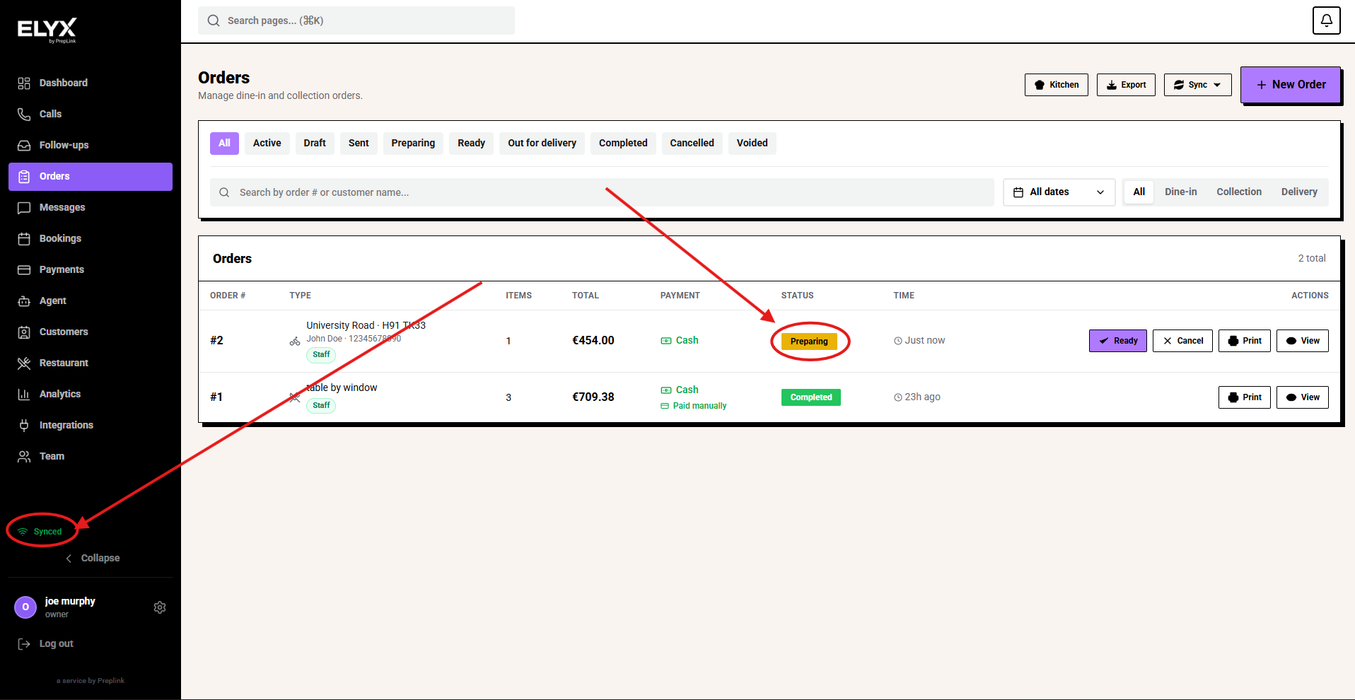 Order status and synced sidebar