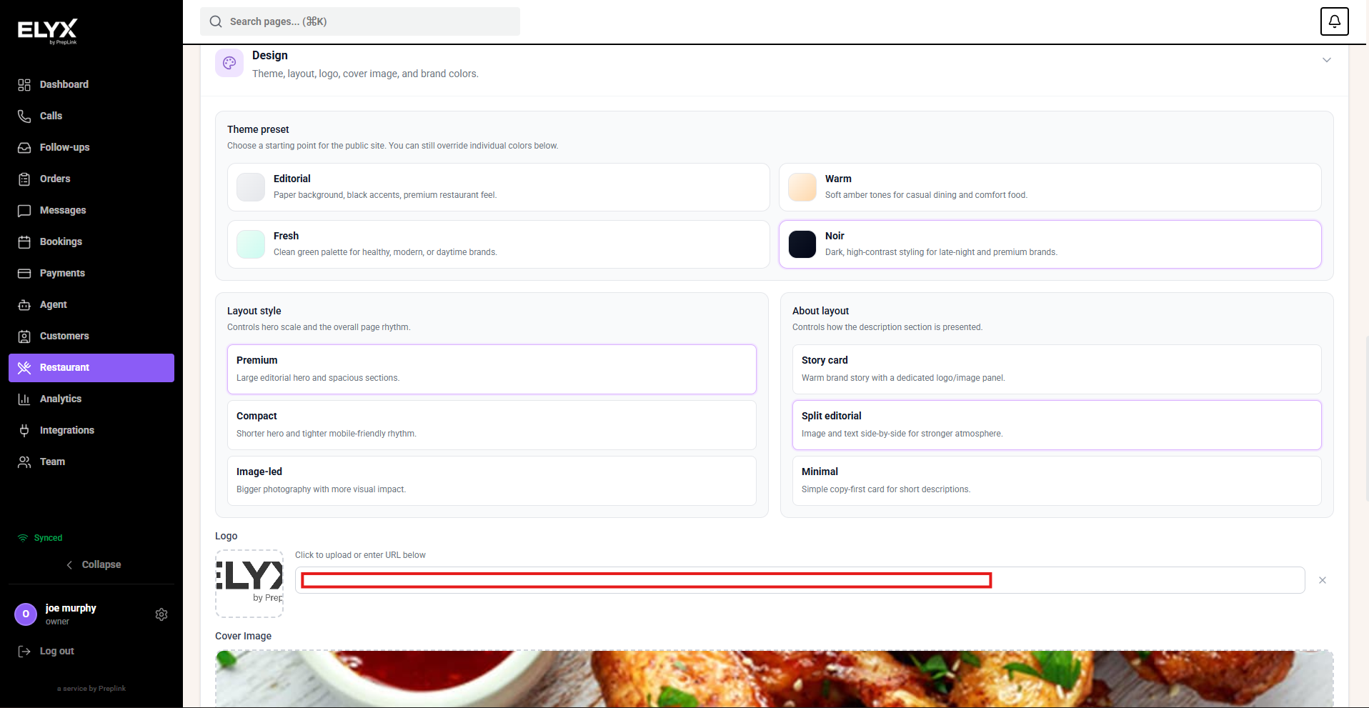 Public page design settings