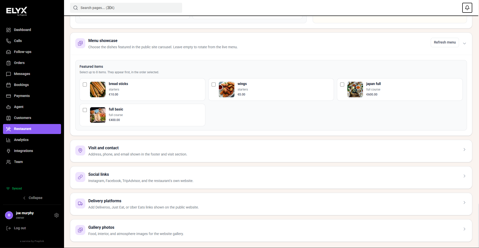 Public page menu showcase