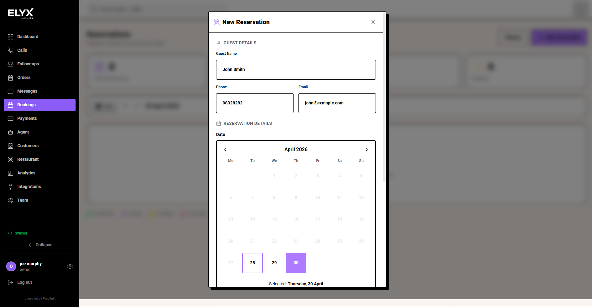 Create reservation on mobile
