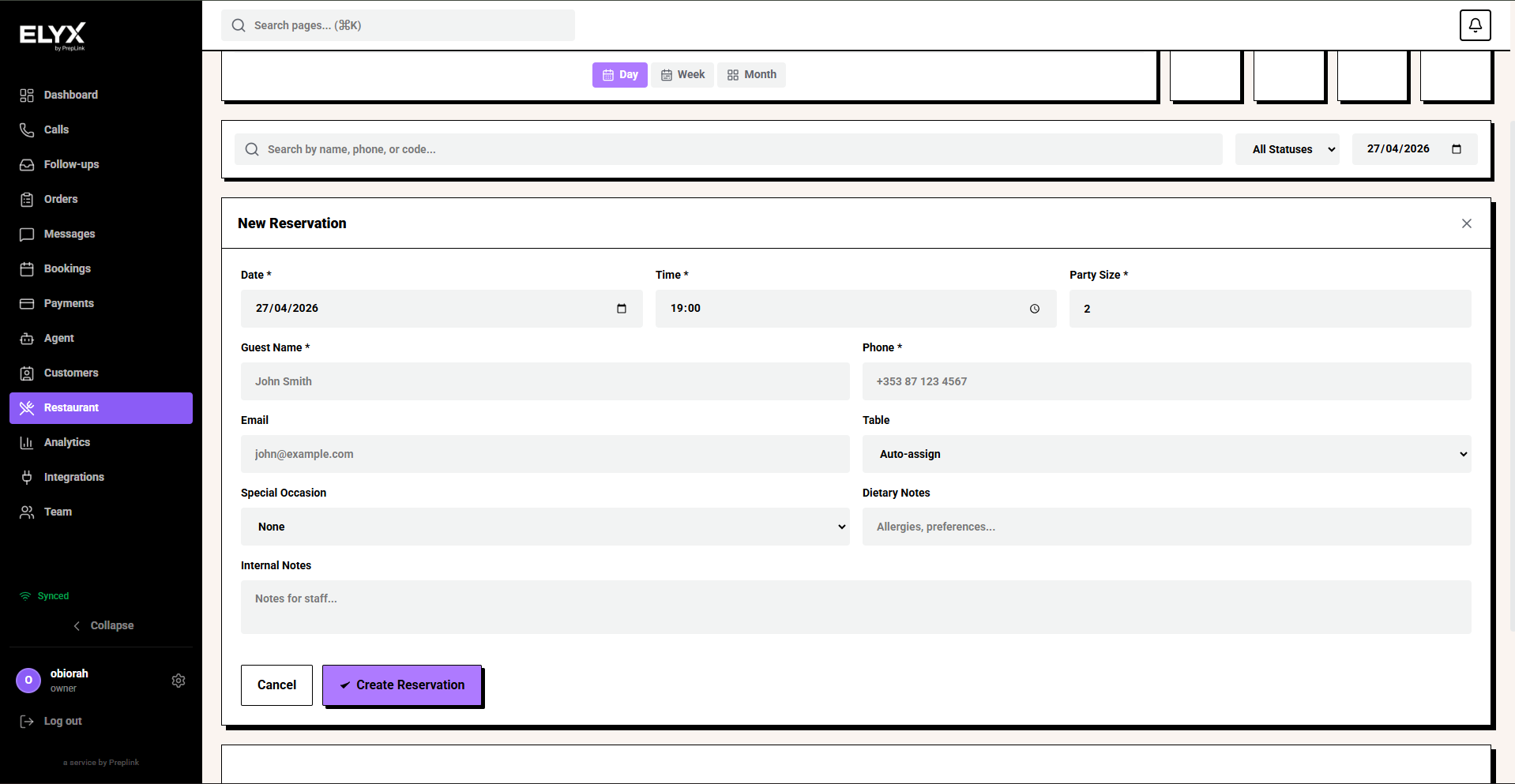 Create restaurant reservation