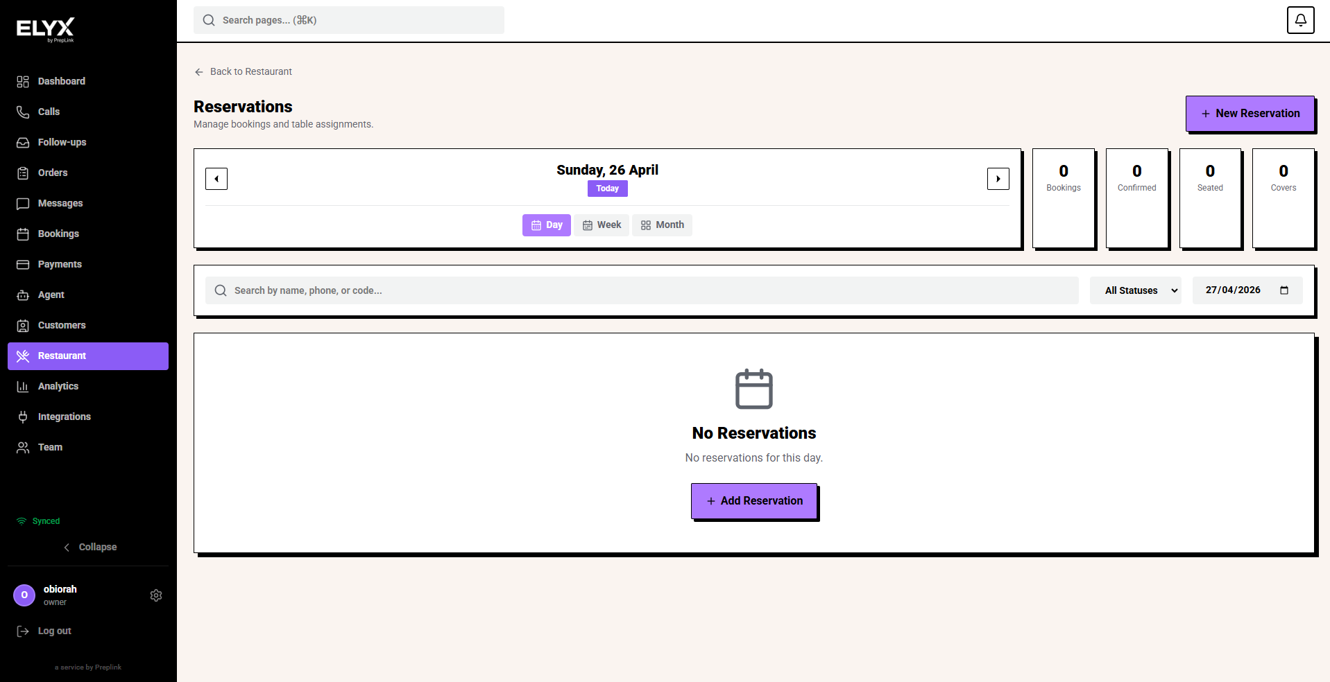 Reservations list