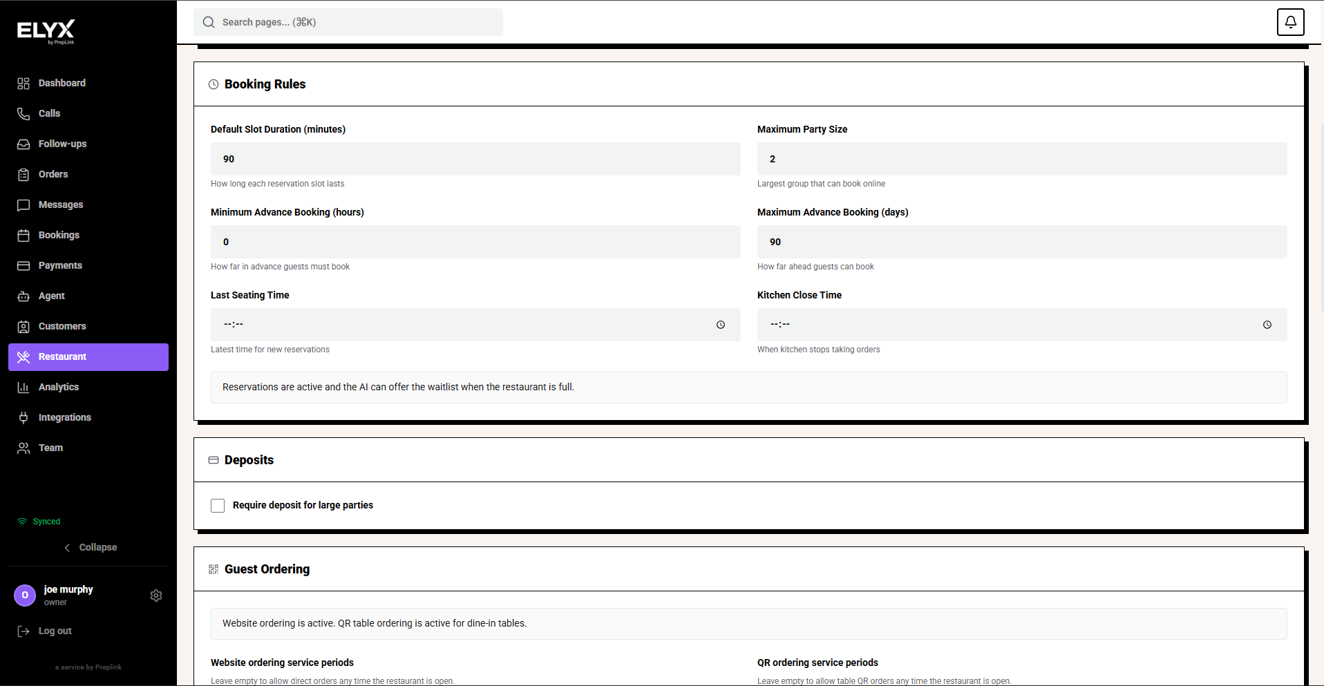 Restaurant booking rules