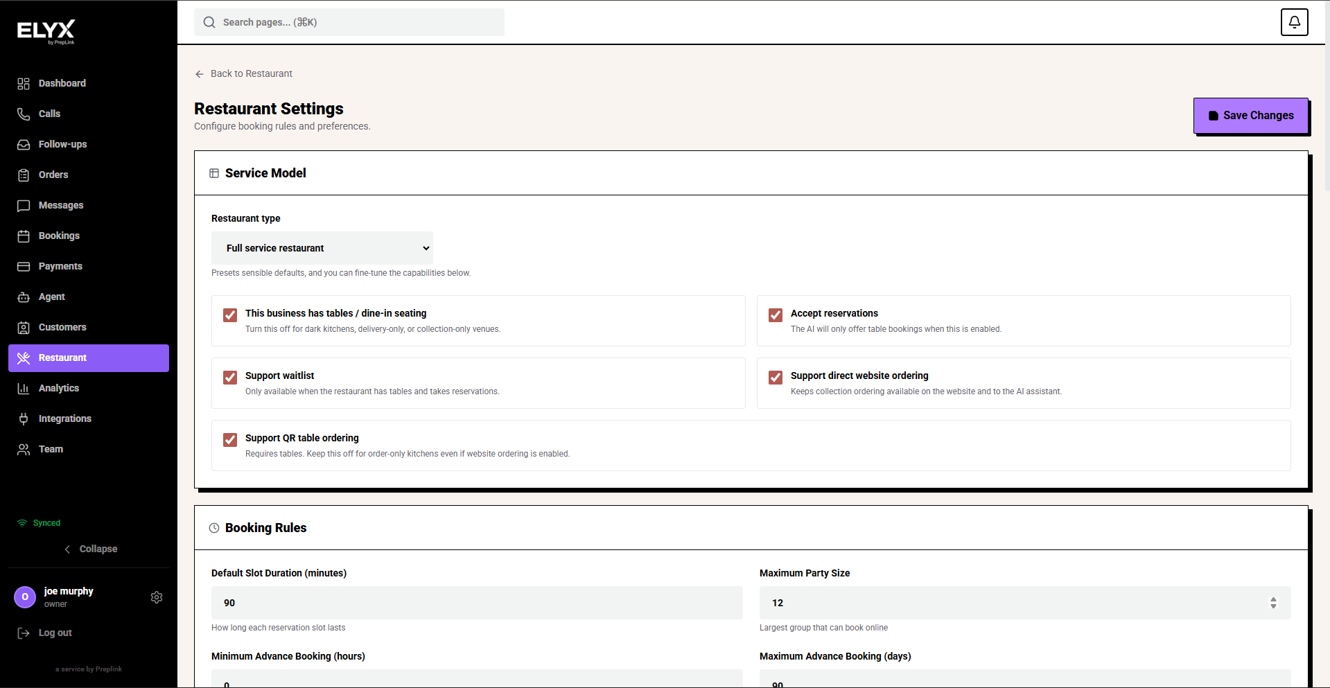 Restaurant settings enabled tabs