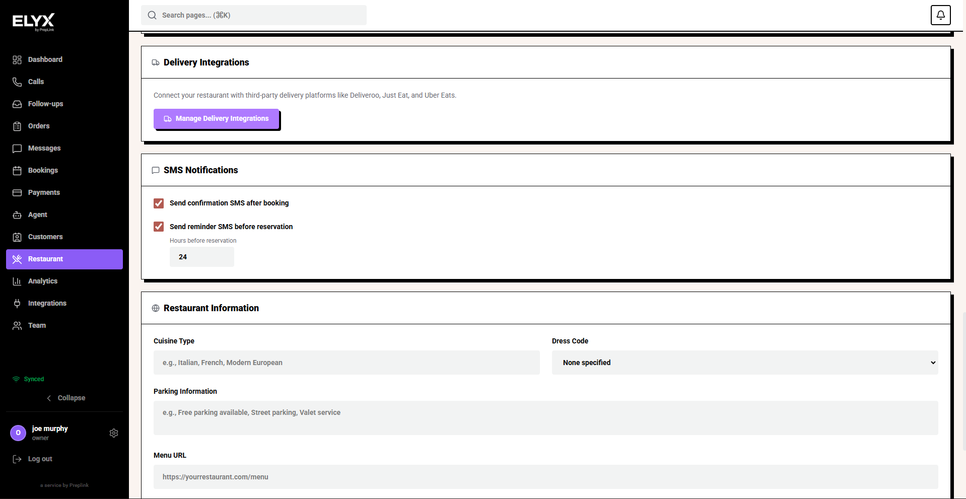 Restaurant settings payment information