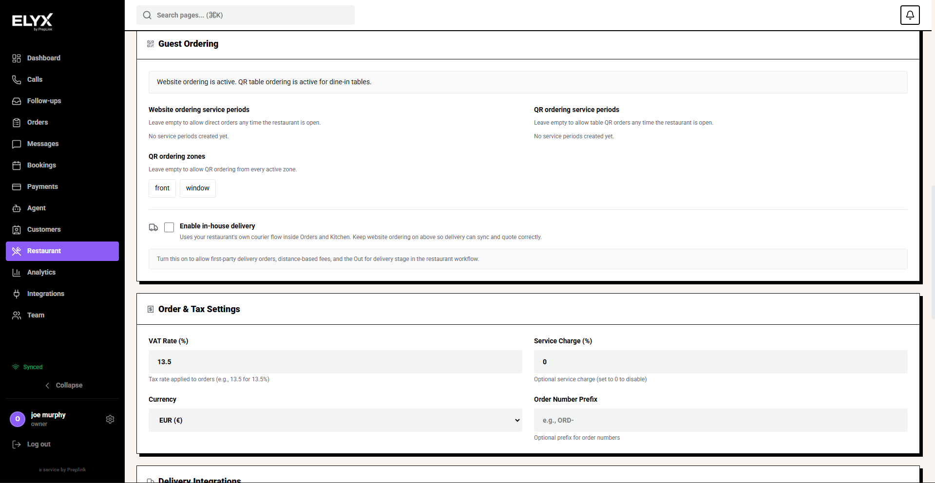Restaurant seat booking settings